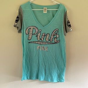 PINK Victoria’s Secret Aqua Sequin Bling T-Shirt